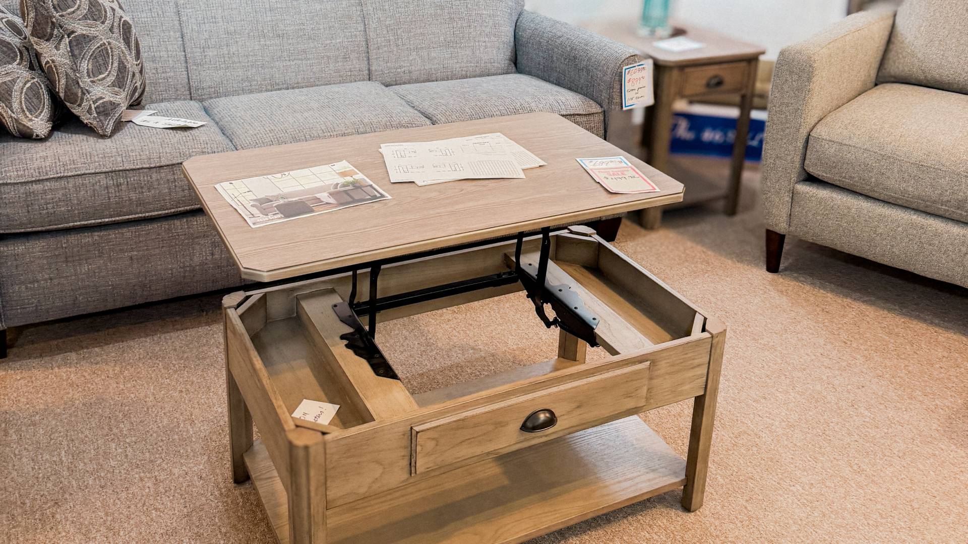 Dreamers_Hero_CoffeeTables Dreamers Furniture showroom lift-top coffee table and sofa seating in view