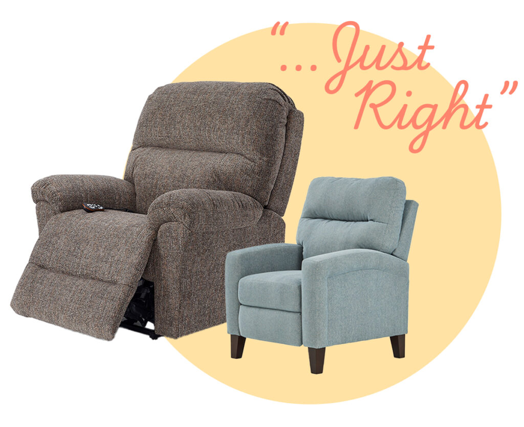 Dreamers_Homepage_Chairs 2 colorful chairs in small and large sizes on yellow background featuring "Just Right!" text