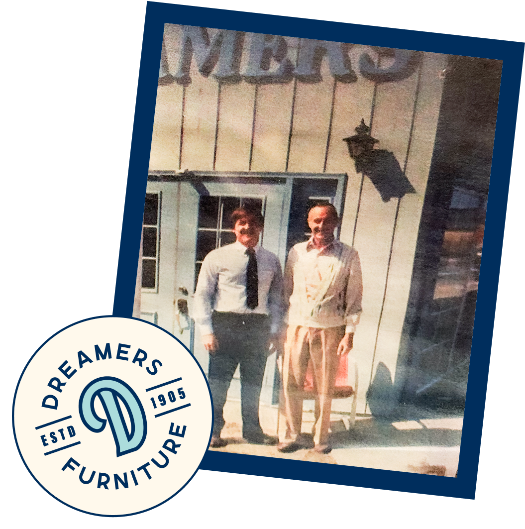 Dreamers_Homepage_History Scrapbook photo of two generations of Hawken men outside of Dreamers Furniture