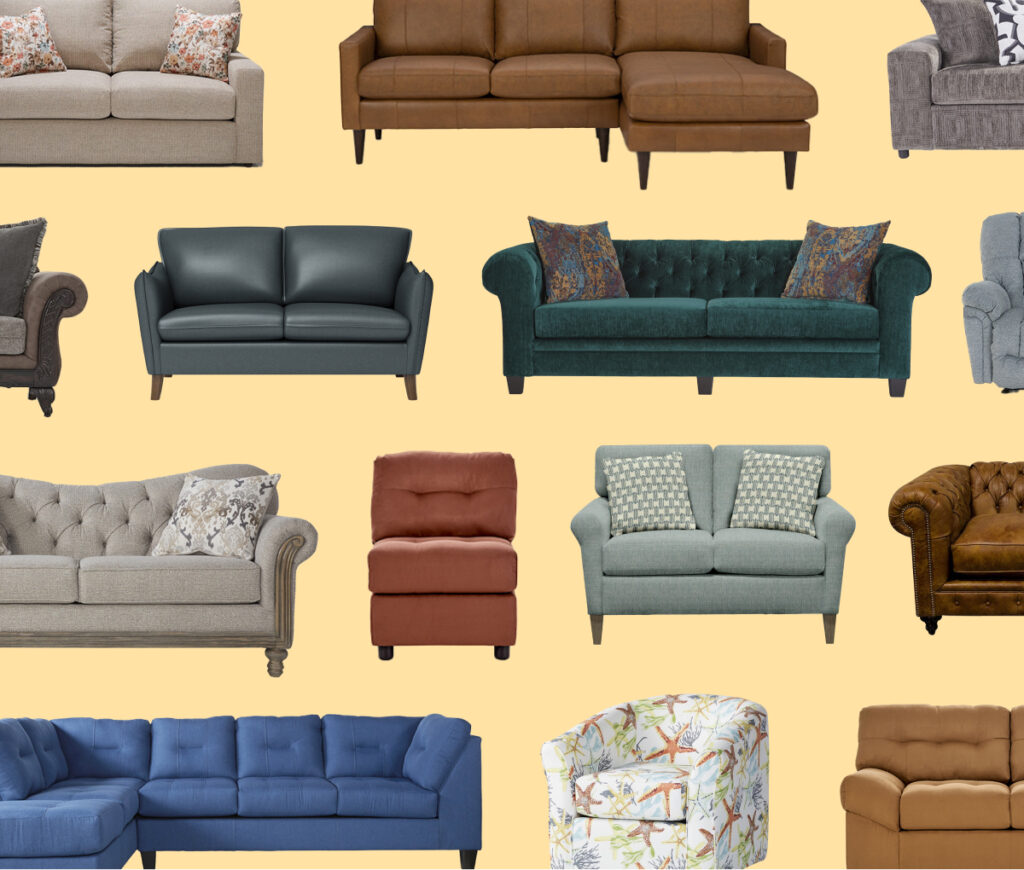 Dreamers_Homepage_SofaGrid Yellow backdrop with a grid of sofas of all sizes, shapes, and colors