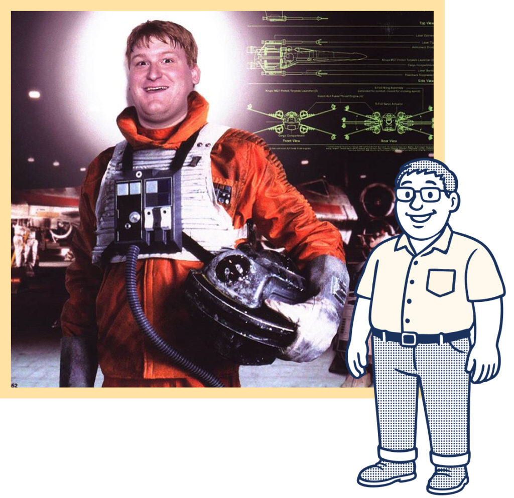 Photo of Lee as a Storm Star Wars Trooper with a character illustration of real life Lee