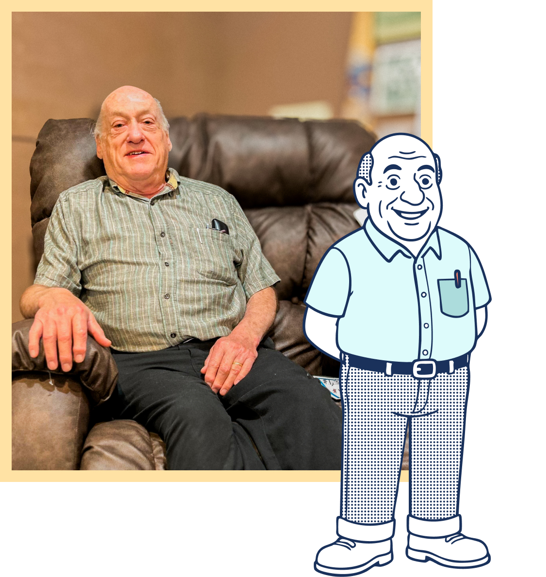 Team_Russ Photo of Russ Hawken in a comfortable recliner with a character illustration